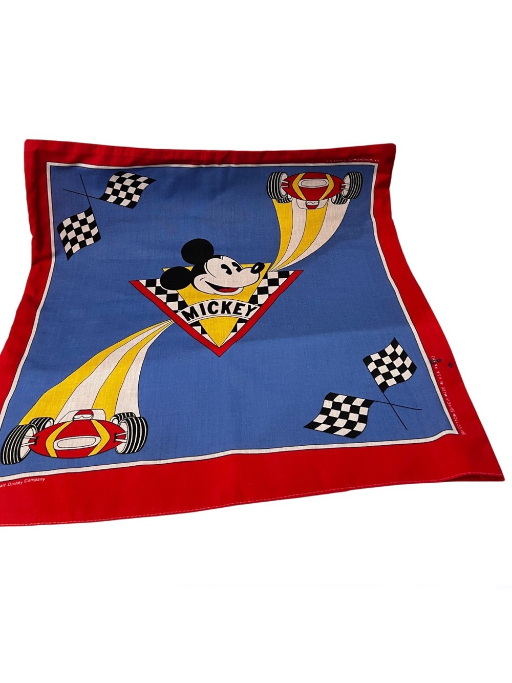 Vintage Disney Mickey Mouse Racing Car Textile Panel Made USA 21”x20.5”